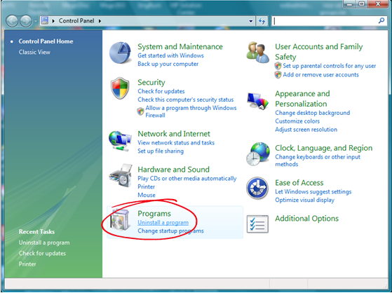 Open Programs Uninstall